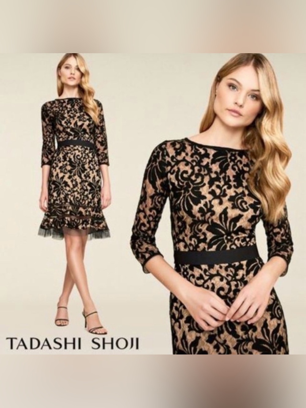 Tadashi Shoji Kennedy Embroidered Overlay Black Lace Dress Size Small‎ Read
